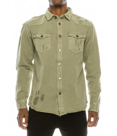VICTORIOUS LONG SLEEVE BUTTON UP DENIM JEAN SHIRT JACKET IN OLIVE