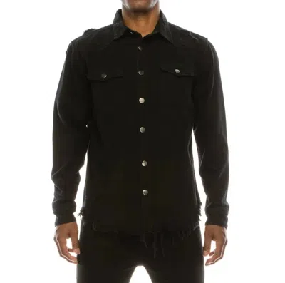 Victorious Long Sleeve Button Up Distressed Denim Jacket In Black
