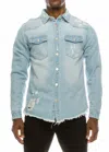 Victorious Long Sleeve Button Up Distressed Denim Jacket In Indigo