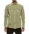 Victorious Long Sleeve Button Up Distressed Denim Jacket In Olive