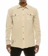 Victorious Long Sleeve Button Up Distressed Denim Jean Jacket In Sand In Neutral