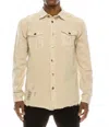 Victorious Long Sleeve Button Up Distressed Denim Jean Jacket In Sand In Neutral