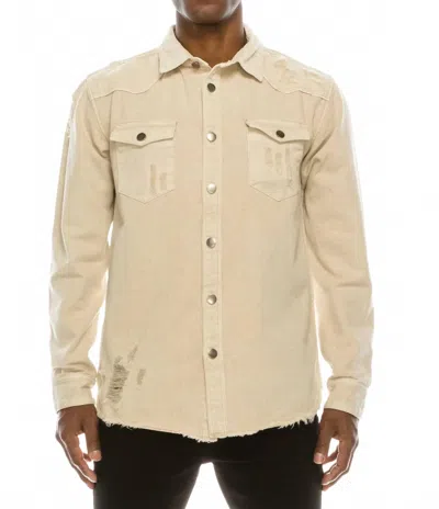 VICTORIOUS LONG SLEEVE BUTTON UP DISTRESSED DENIM JEAN JACKET IN SAND