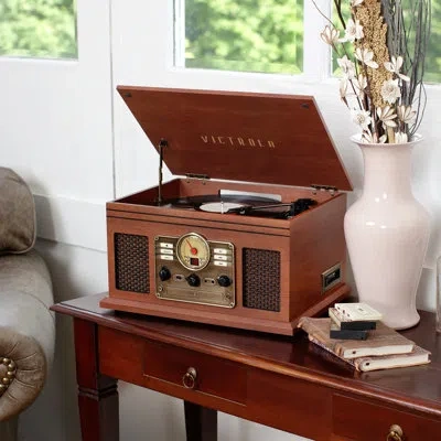 Victrola 6-in-1 Nostalgic Bluetooth Record Player With 3-speed Turntable In Mahogany
