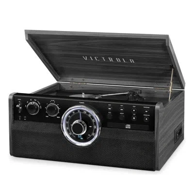 Victrola 6-in-1 Wood Empire Bluetooth Decorative Record Player With 3-speed Turntable In Gray,silver