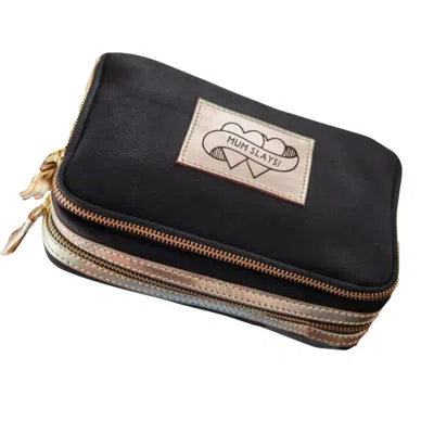Vida Vida Black / Gold Mum Leather Trim Make-up And Brush Bag