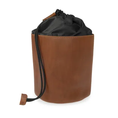 Vida Vida Luxe Tan Leather Drawstring Wash Bag In Black/brown