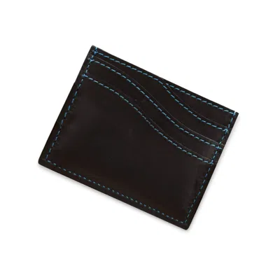 Vida Vida Men's Black / Blue Black Leather Wave Card Holder With Contrast Blue Stitch In Multi