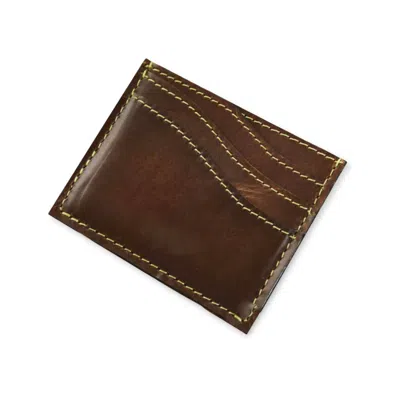 Vida Vida Men's Brown Tan Leather Wave Card Holder With Yellow Contrast Stitch