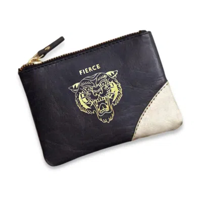 Vida Vida Women's Black Leather Coin Purse With Fierce Tiger