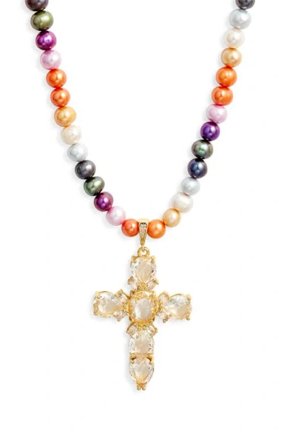 Vidakush Cross Pendant Pearl Necklace In Gold