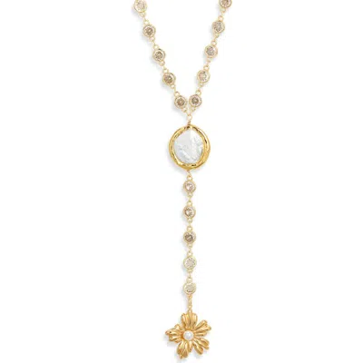 Vidakush Hibiscus Freshwater Pearl Y-necklace In Gold