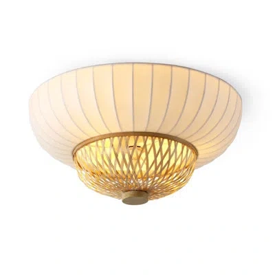 Vidalite Hikari 3-light Boho Japanese Fusion Bamboo + Silk Flush Mount In Weaved Bamboo;light Wood