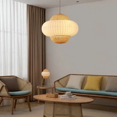 Vidalite Hikari 4 - Light Bohemian Bamboo And Silk Dimmable Pendant Light In Beige