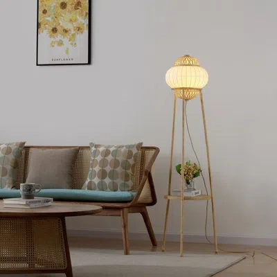 Vidalite Hikari 57.88'' Boho Chic Floor Lamp With A Woven Bamboo + Silk Shade, And Storage Shelf In Brushed