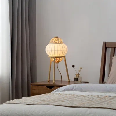 Vidalite Hikari Bohemian Japanese Table Lamp With Woven Bamboo And Silk Shade Living Room, Console Table In Beige