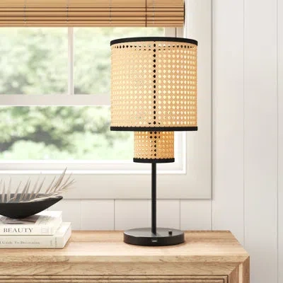 Vidalite Nakuv 22.44'' Rattan And Velvet Table Lamp With Usb And Outlet In Black
