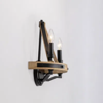 Vidalite Savannah 2-light Rustic Farmhouse Style Wall Sconce Light, Natural Brown Ashwood & Matte Black Wall 