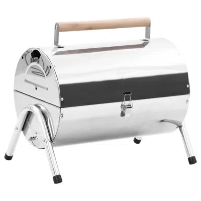 Vidaxl 16.5"" Built-in Barrel Charcoal Bbq Grill In Silver