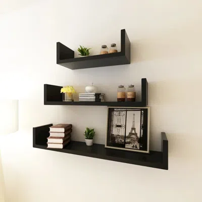 Vidaxl 3 Black Mdf U-shaped Floating Wall Display Shelves Book/dvd Storage, 242175