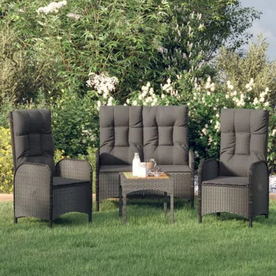 Vidaxl 3 Piece Patio Dining Set With Cushions Black Poly Rattan In Gray