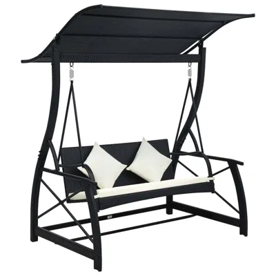 Vidaxl 3-seater Garden Swing Bench With Canopy Poly Rattan Black, 49228