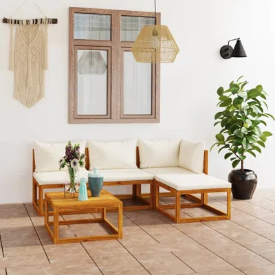 Vidaxl 5 Piece Garden Lounge Set With Cushion Cream Solid Acacia Wood, 3057633 In Brown