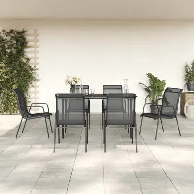 Vidaxl 7 Piece Patio Dining Set Black Steel And Textilene In Gray