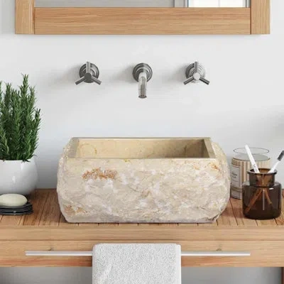 Vidaxl Bathroom Basin, Countertop Vanity Sink, Natural Shape, Cream 11.8"x11.8"x5.1" Marble Square In Beige