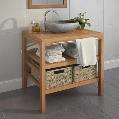 Vidaxl Bathroom Vanity Cabinet With 2 Baskets Solid Teak 29.1" X 17.7" X 29.5" In Brown