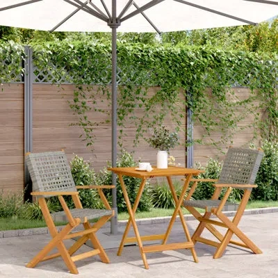 Vidaxl Bistro Set Outdoor Patio Furniture 3 Piece Poly Rattan And Solid Wood In Gray