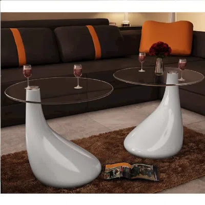 Vidaxl Coffee Tables 2 Pcs With Round Glass Top High Gloss White, 240322