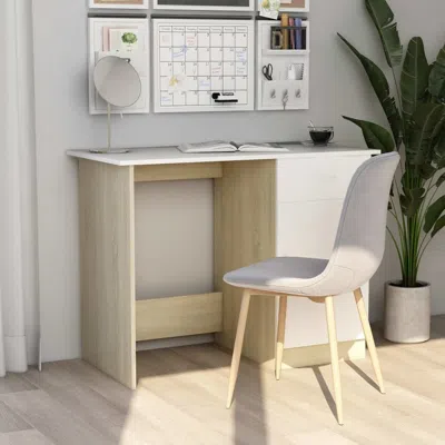 Vidaxl Desk White And Sonoma Oak 39.4"x19.7"x29.9" Chipboard, 801085 In Neutral