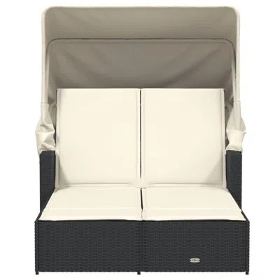 Vidaxl Double Sun Lounger With Canopy And Cushions Poly Rattan In Black,cream White