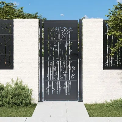 Vidaxl Garden Gate Decorative Door Outdoor Fence Corten Steel Bamboo Design In Anthracite
