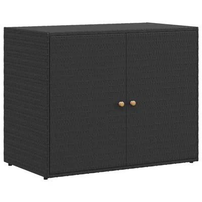 Vidaxl Garden Storage Cabinet, Outdoor Tool Chest,  Poly Rattan With Solid Acacia Wood Door Knobs, Powder-c In Black