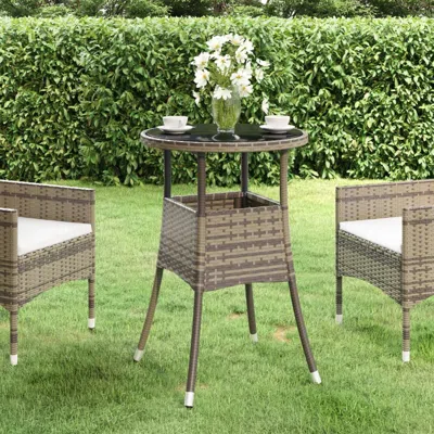 Vidaxl Patio Table Ã˜23.6"x29.5" Tempered Glass And Poly Rattan Gray In Brown