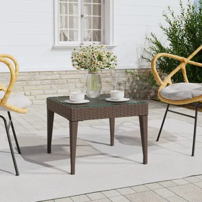 Vidaxl Side Table Brown 19.7"x19.7"x15" Poly Rattan And Tempered Glass