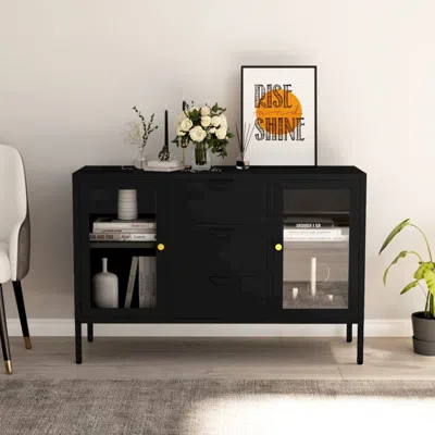 Vidaxl Sideboard Black 41.3"x13.8"x27.6" Steel And Tempered Glass