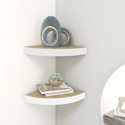 VIDAXL WALL CORNER SHELF SET OF 2 OAK AND WHITE HONEYCOMB MDF, METAL