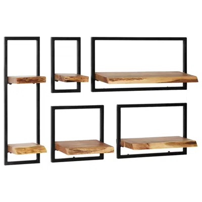 Vidaxl Wall Shelf Set 5 Pieces Solid Acacia Wood And Steel, 246014 In Metallic