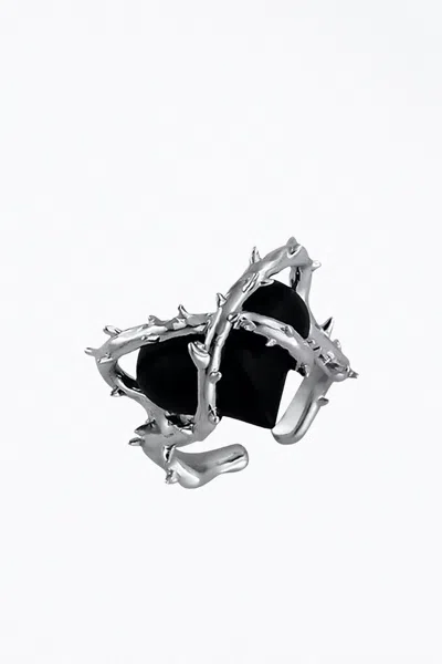 Videmus Omnia Tainted Love Stone Heart Open Ring In Silver/black