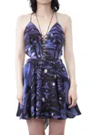 Videmus Omnia Zeta Lace-up Cutout Halterneck Mini Dress In Purple/blue In Purple
