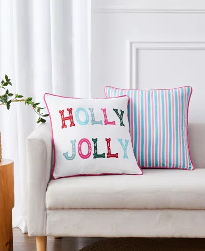 Videri Home Closeout!  Holiday Holly Jolly Stripe Decorative Pillow Set, 18" X 18" In Pink,multi