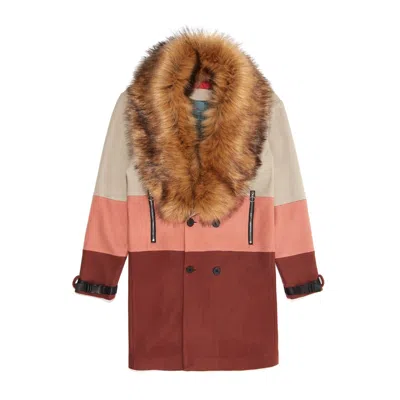 Pre-owned Vie Riche Paris Removable Fur 3 Tone Overcoat In Beige-clay Size Large In Beige-coral