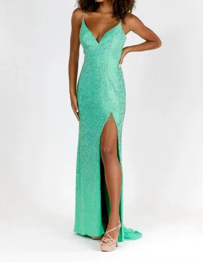 Vienna Prom Elegant Crystals High Slit Long Gown In Green In Blue