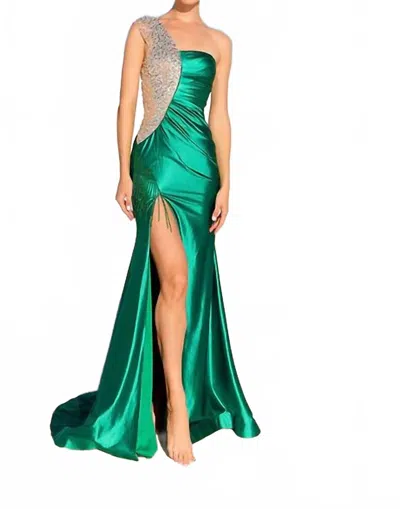 Vienna Prom Emerald One Shoulder Rhinestone Prom Dress In Green In Blue