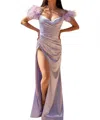 Vienna Prom Feather Off The Shoulder Maxi Slit Prom Gown In Aqua In Blue