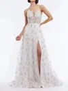 Vienna Prom Floral Plunging V-neckline A-line Long Gown In Multi In Multi