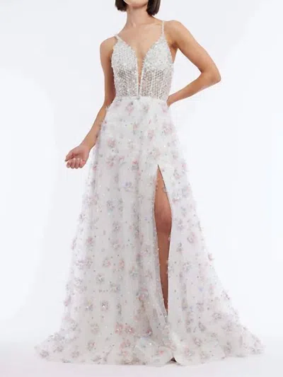 Vienna Prom Floral Plunging V-neckline A-line Long Gown In Multi In White